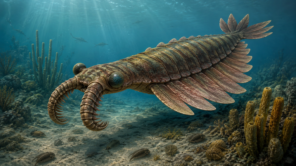 Reconstrução artística de Anomalocaris nadando em um ambiente marinho do cambriano.