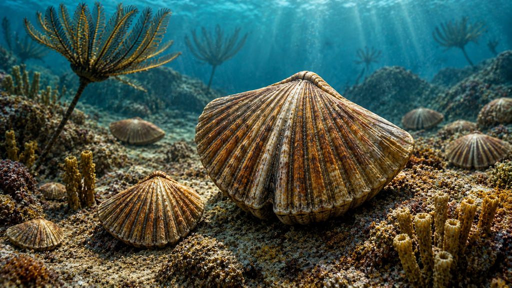 Reconstrução artística de braquiópodes em um ambiente marinho do paleozoico.
