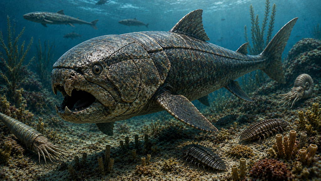 Reconstrução artística de Dunkleosteus nadando em um ambiente marinho do devoniano.