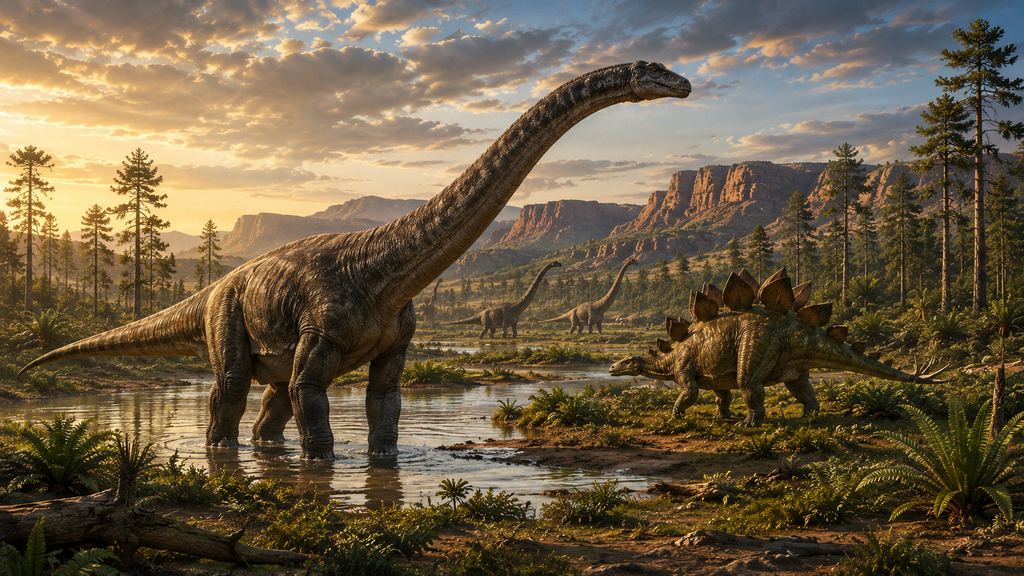Reconstrução artística de saurópodes e Stegosaurus em ambiente do Jurássico Superior.