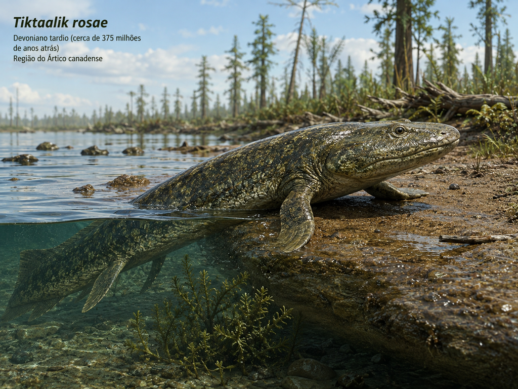 Reconstrução artística de Tiktaalik em águas rasas durante o Devoniano.