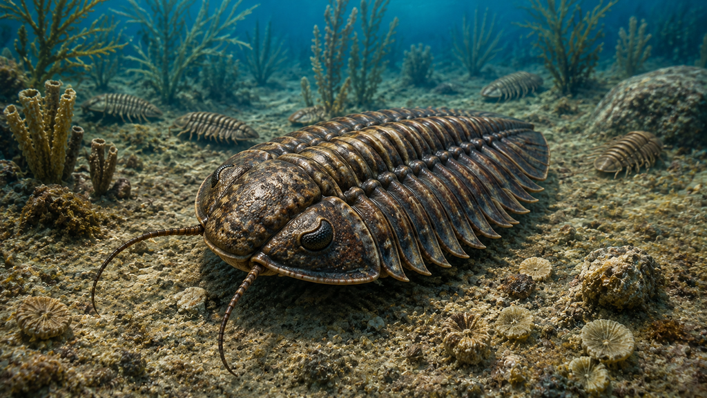 Reconstrução artística de um trilobita sobre o fundo marinho durante o paleozoico.