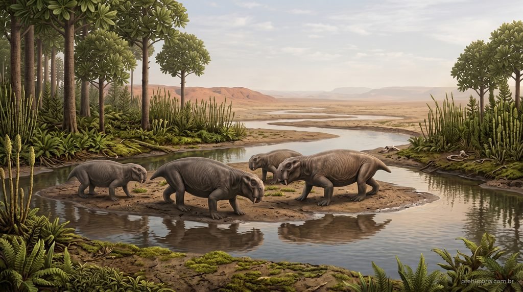 Reconstrução artística de um rebanho de quatro Dicynodon às margens de um rio sinuoso, entre árvores Glossopteris, cavalinhas e samambaias, com planaltos áridos avermelhados ao fundo.