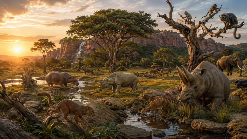 Reconstrução artística de uma savana do período Mioceno, com mamíferos herbívoros pastando em campo aberto durante o Cenozoico.
