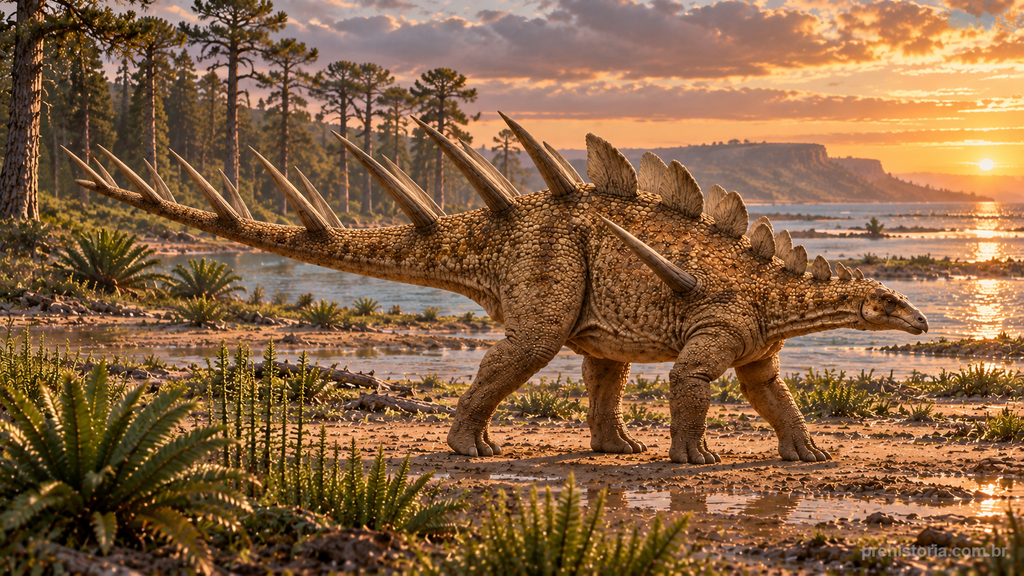 Reconstrução artística de um Kentrosaurus aethiopicus na margem rasa de uma lagoa ao pôr do sol, com placas no pescoço e nos ombros, espinhos longos do dorso à cauda, coníferas e samambaias ao redor