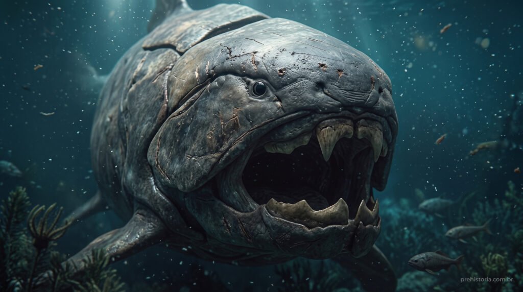 Reconstrução artística de Dunkleosteus terrelli em plano frontal com boca aberta exibindo placas ósseas cortantes em recife devoniano.