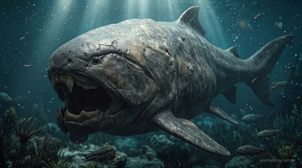 Reconstrução artística de Dunkleosteus terrelli nadando em recife devoniano com armadura lisa e tecidos moles cobrindo as suturas ósseas.