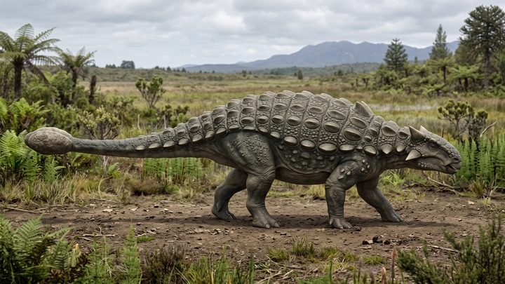 Reconstrução artística de um Ankylosaurus magniventris mostrando o dorso protegido por osteodermas e a clava óssea na cauda sobre terreno do Cretáceo.
