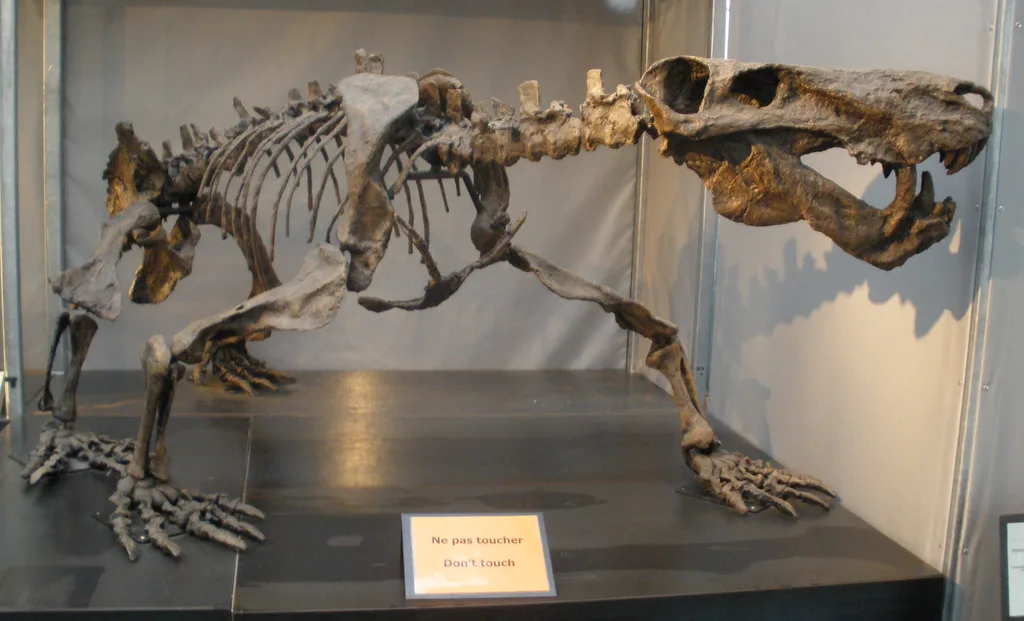 Esqueleto fóssil montado de Inostrancevia alexandri em exposição, mostrando o crânio longo com os grandes caninos superiores, o corpo esguio e as patas posicionadas sob o corpo.