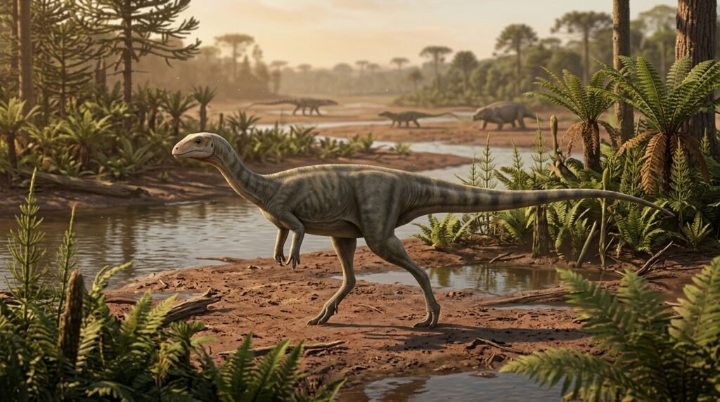 Reconstrução artística de Saturnalia tupiniquim, sauropodomorfo bípede do tamanho de um cão, caminhando em uma planície fluvial do Triássico Superior no atual Rio Grande do Sul.