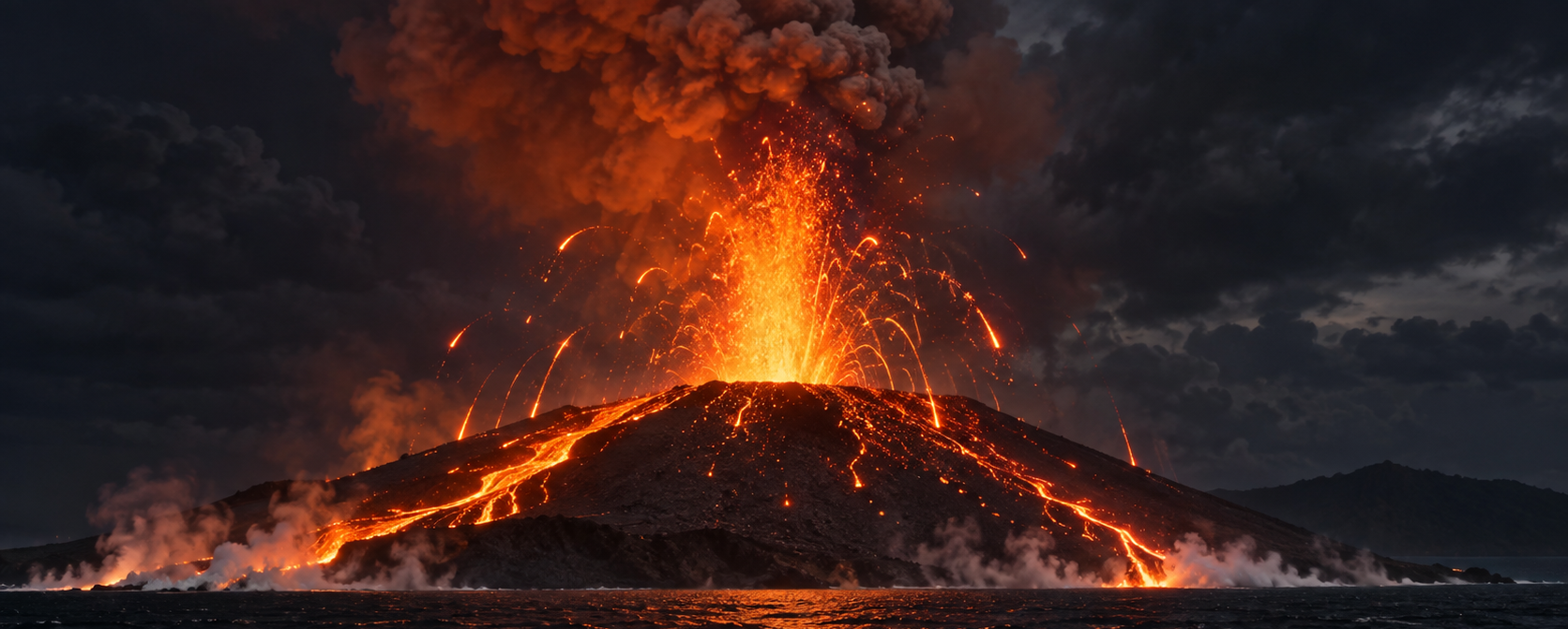 Ilustração do vulcão Anak Krakatau em erupção estromboliana à noite, com fonte de lava na cratera e fluxos incandescentes descendo o flanco em direção ao mar.