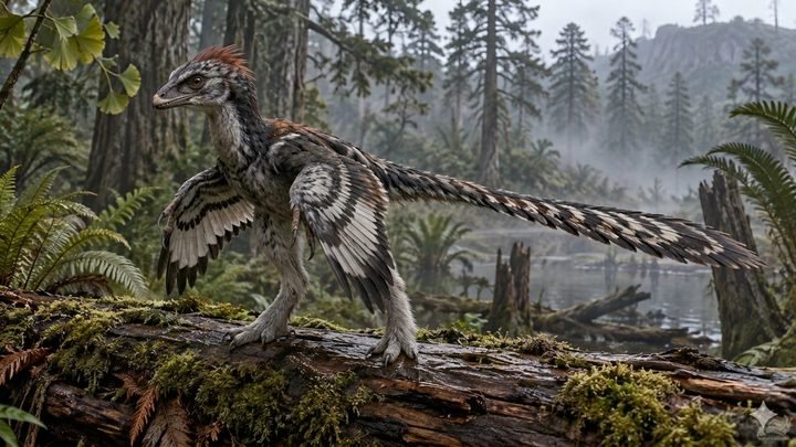 Reconstrução artística de um Anchiornis huxleyi pousado sobre um tronco caído em floresta jurássica, com plumagem cinza e preta, crista avermelhada e penas claras salpicadas de escuro nos braços e nas pernas.
