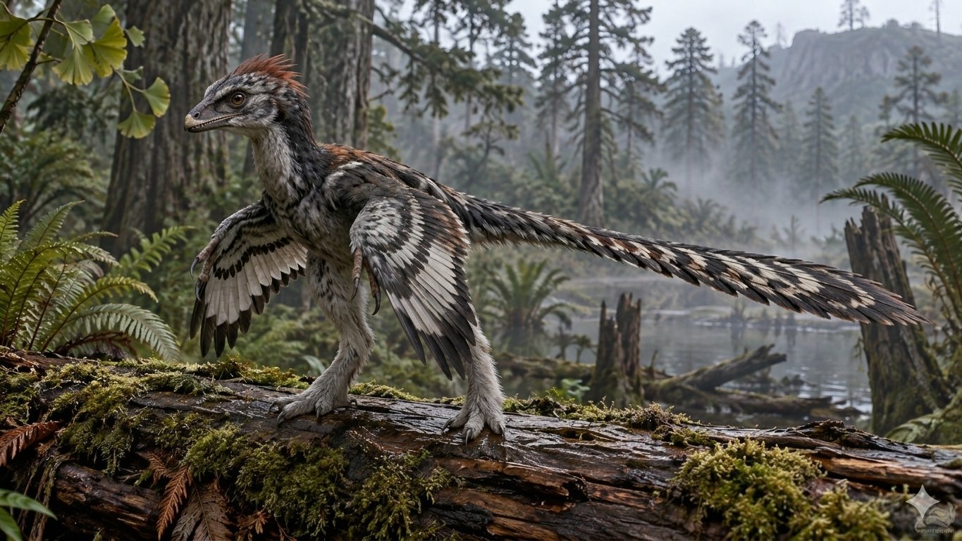 Reconstrução artística de um Anchiornis huxleyi pousado sobre um tronco caído em floresta jurássica, com plumagem cinza e preta, crista avermelhada e penas claras salpicadas de escuro nos braços e nas pernas.