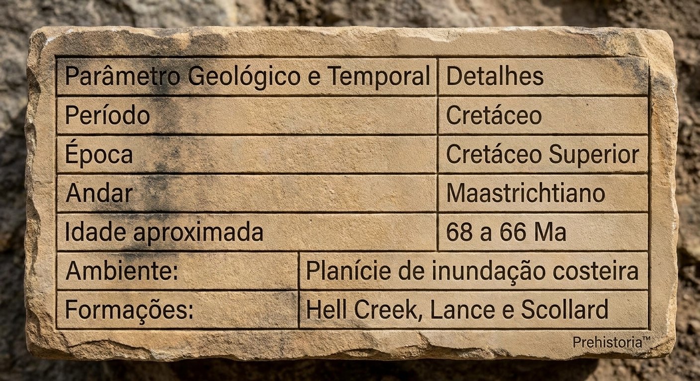 Fotografia de um quadro de pedra com inscrições em português detalhando a cronoestratigrafia do Ankylosaurus magniventris