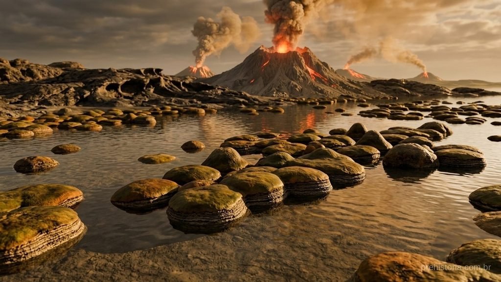 Reconstrução artística de estromatólitos em água rasa no litoral do Paleoarqueano, com vulcões em erupção e costa de rocha vulcânica escura ao fundo
