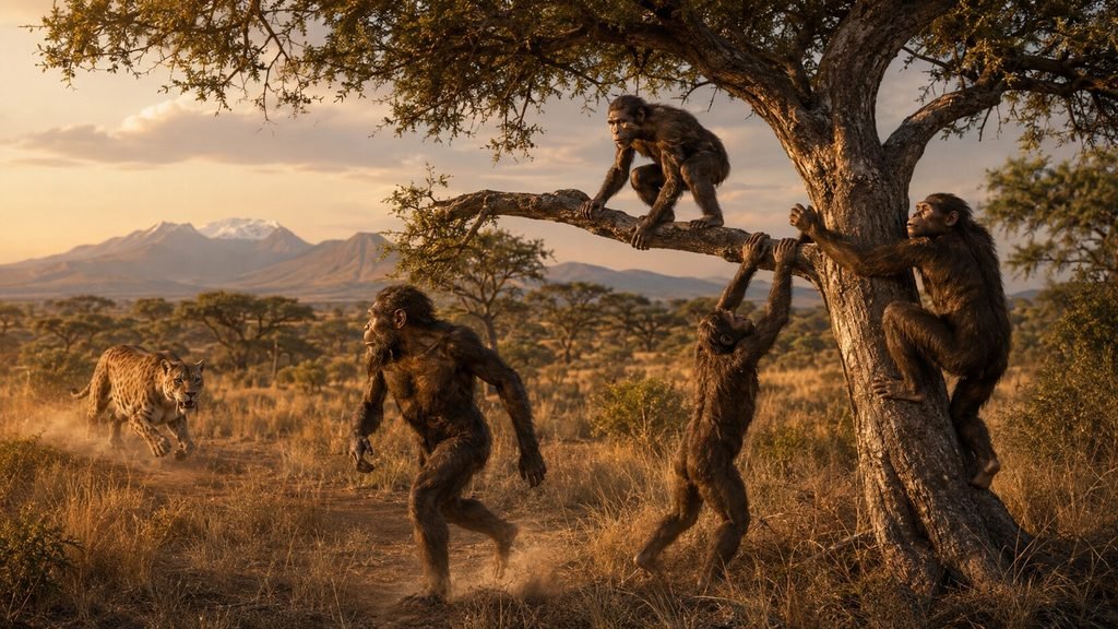 Grupo de Australopithecus afarensis fugindo de um felino predador e buscando