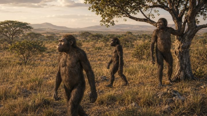 Reconstituição artística de um grupo de Australopithecus afarensis em uma paisagem de savana arborizada no leste da África.