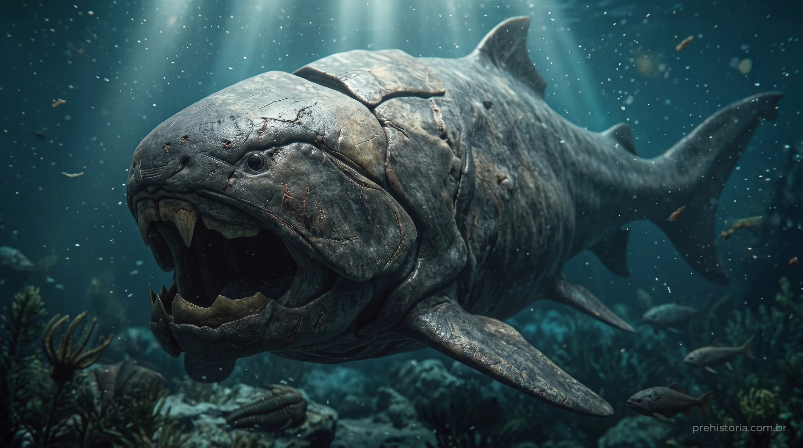 Reconstrução artística de Dunkleosteus terrelli em mar devoniano exibindo sulco protuberante da junta do pescoço articulado e placas de armadura independentes.