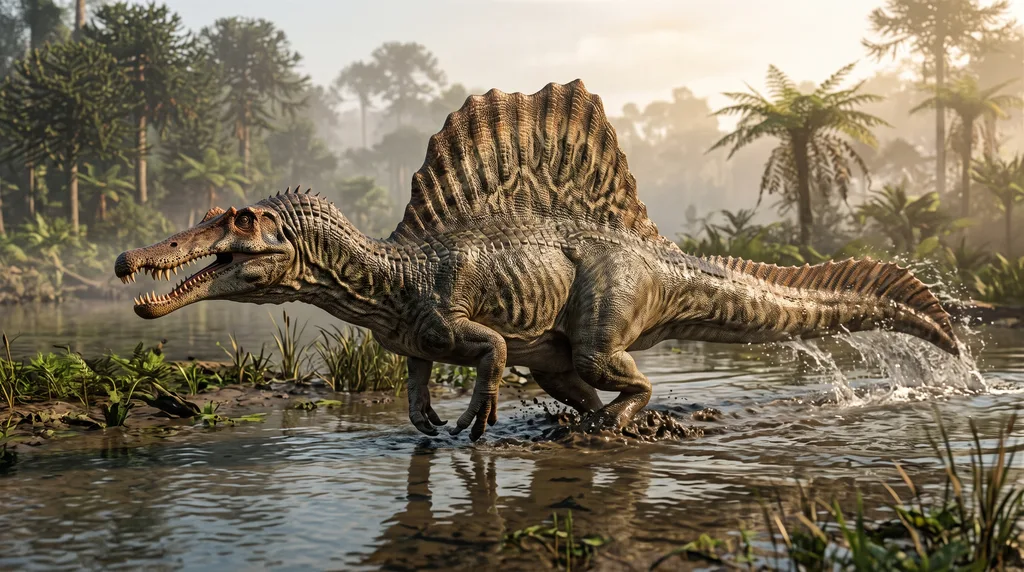 Reconstrução artística de Spinosaurus aegyptiacus caminhando em águas rasas fluviais com cauda em remo e vela dorsal