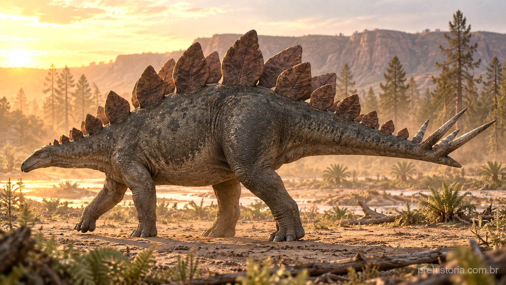 Reconstrução artística de um Stegosaurus stenops caminhando de perfil ao pôr do sol, com as placas no dorso e os quatro espinhos na ponta da cauda, em planície com coníferas e cicadáceas