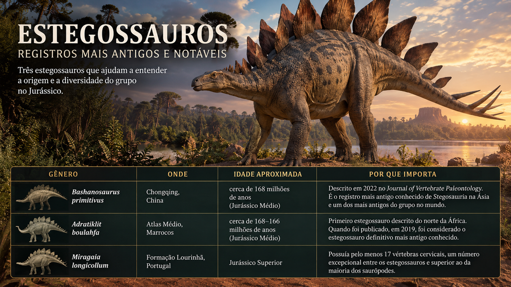 Infográfico comparando Bashanosaurus primitivus, Adratiklit boulahfa e Miragaia longicollum, com idade, localização e importância paleontológica.