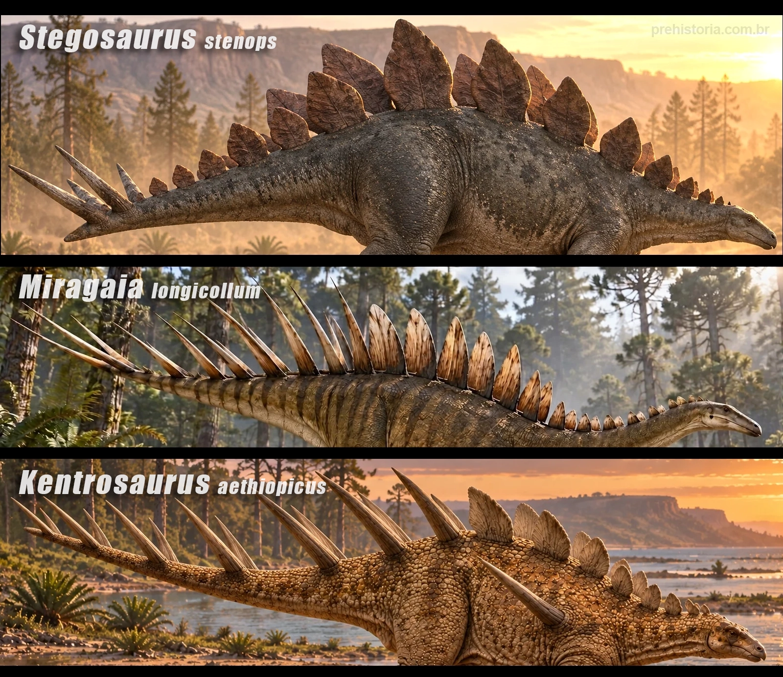 Reconstrução artística comparando a armadura dorsal de três estegossauros do Jurássico Superior: Stegosaurus com placas largas em losango e quatro espinhos caudais, Miragaia com placas triangulares pareadas ao longo do pescoço longo e espinhos na metade posterior, e Kentrosaurus com placas baixas na frente que se transformam em espinhos pareados do meio do dorso até a cauda
