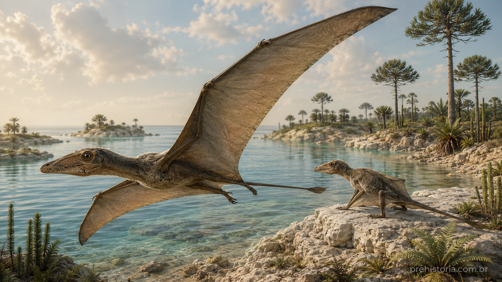 Reconstrução artística de dois Eudimorphodon, pequenos pterossauros do Triássico Superior, junto a uma lagoa costeira na atual Itália.