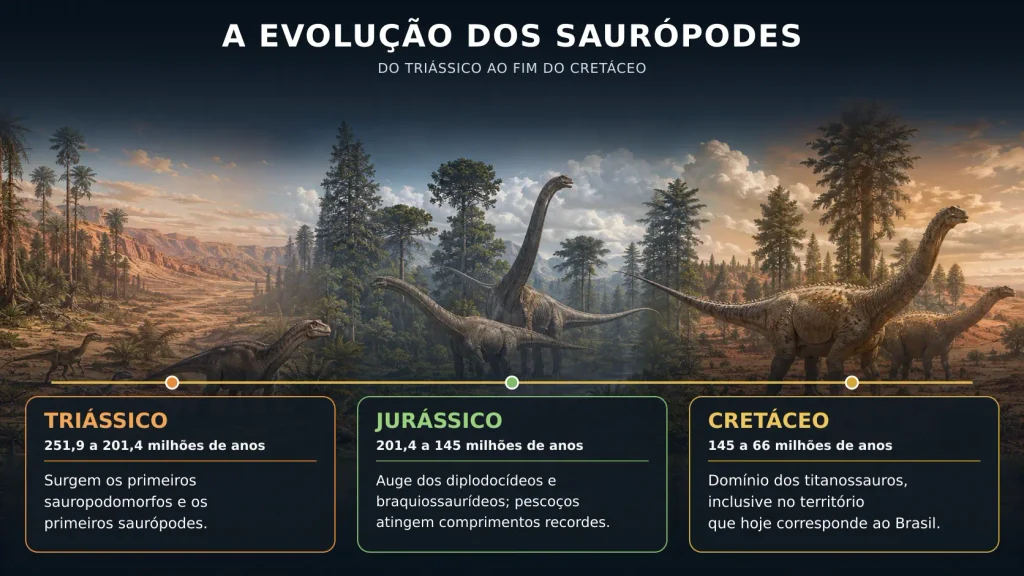 Infográfico mostrando a evolução dos saurópodes durante o Triássico, Jurássico e Cretáceo.