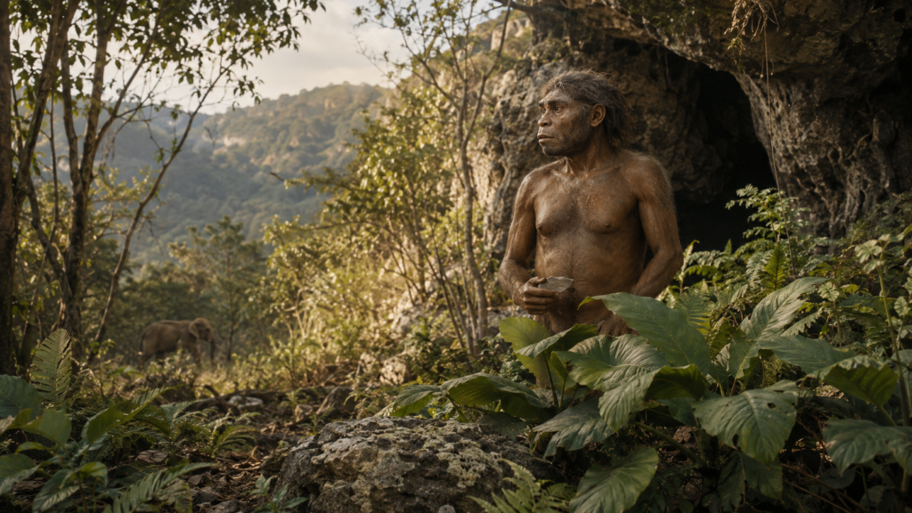 Reconstituição artística de um Homo floresiensis próximo à caverna de Liang Bua, em Flores, com um Stegodon-anão ao fundo.
