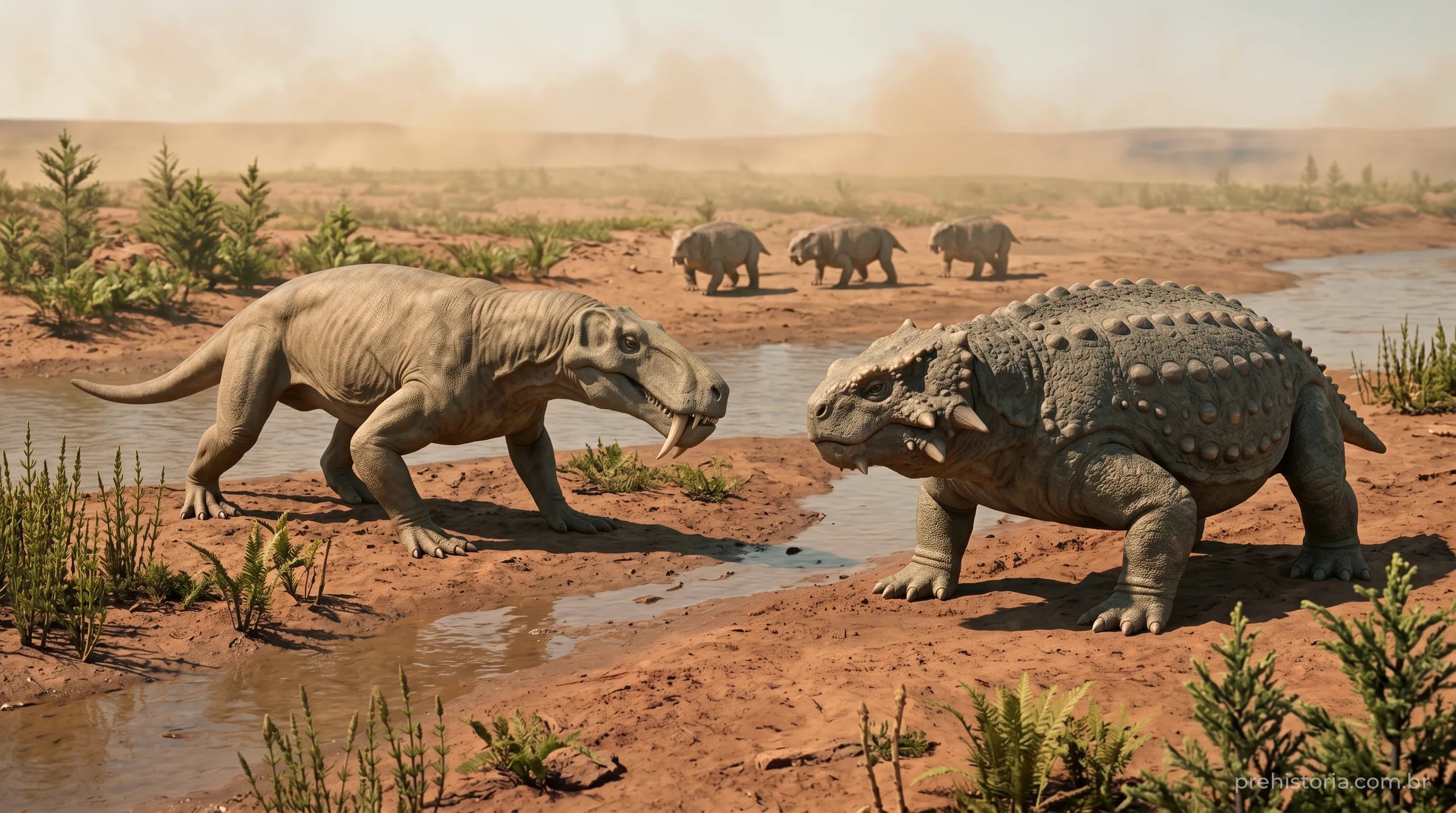 Reconstrução artística de um Inostrancevia, gorgonopsídeo com caninos de sabre, encarando um Scutosaurus coberto de placas ósseas às margens de um rio em planície avermelhada, com três dicinodontes ao fundo.