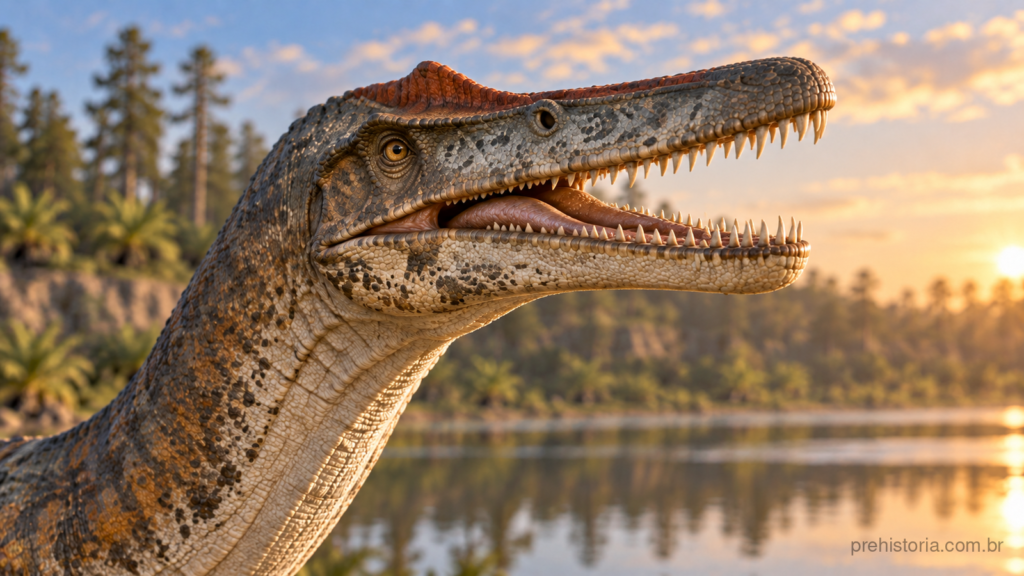 Reconstrução artística de Irritator challengeri em close, com boca entreaberta, crista avermelhada e cabeça virada levemente de lado e para cima, diante de uma laguna desfocada.