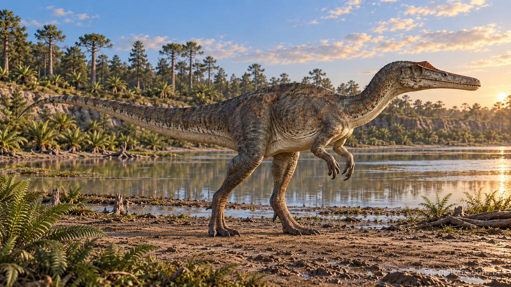 Reconstrução artística de Irritator challengeri em vista lateral à beira de uma laguna, com focinho alongado, crista nasal baixa, braços flexionados e cauda longa.
