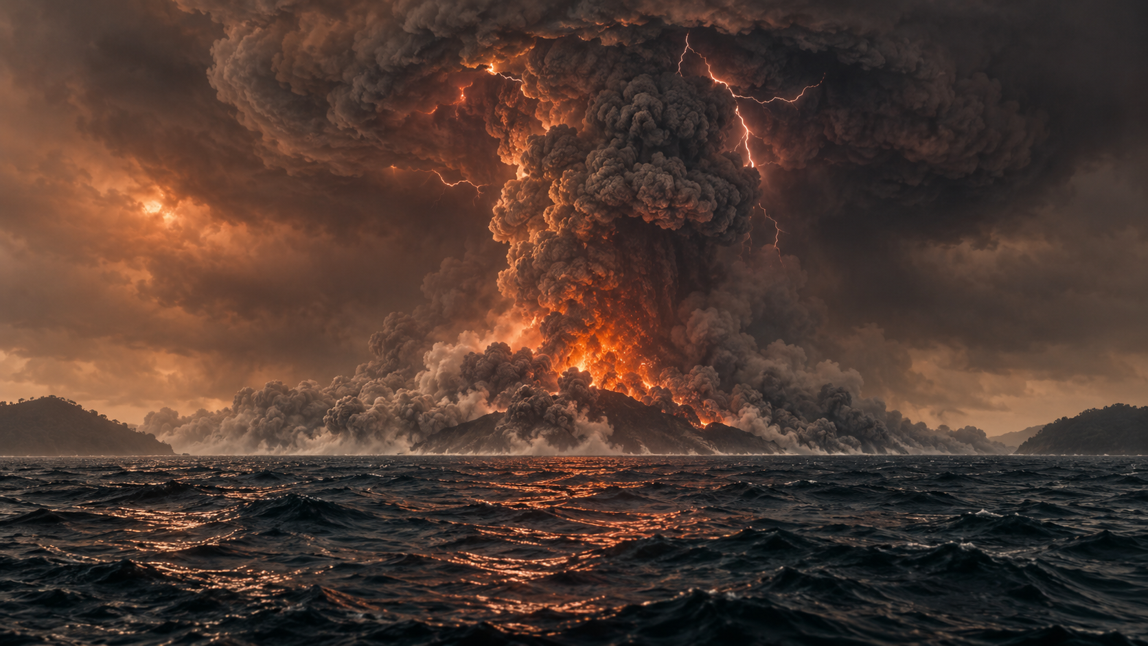 Reconstrução artística da erupção do vulcão Krakatoa em 1883, com coluna de cinza colossal sobre o Estreito de Sunda e correntes piroclásticas avançando sobre o mar.