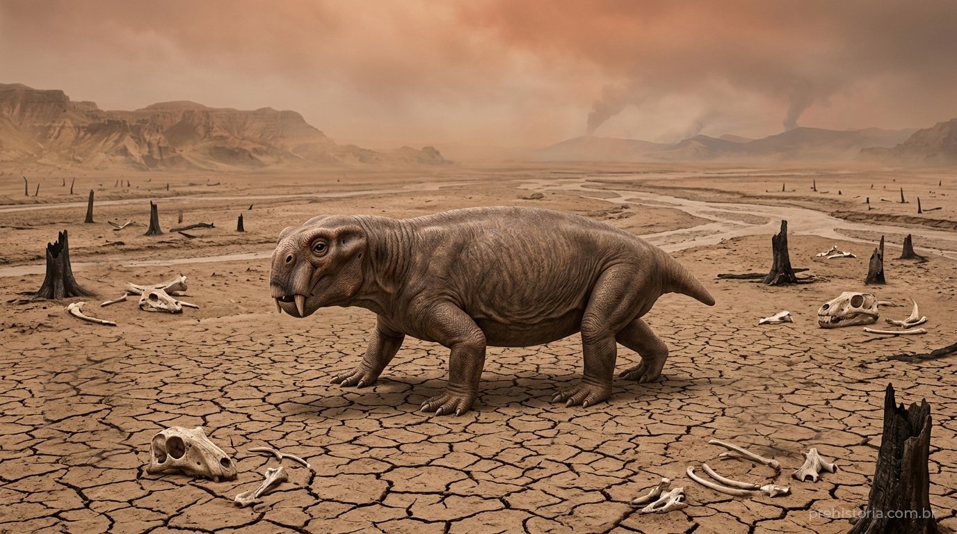 Reconstrução artística de um Lystrosaurus caminhando por uma planície seca e rachada, entre tocos de árvores queimadas e ossos espalhados, sob um céu alaranjado e empoeirado.