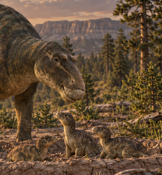 Reconstrução artística de uma Maiasaura peeblesorum adulta junto de três filhotes em um ninho.
