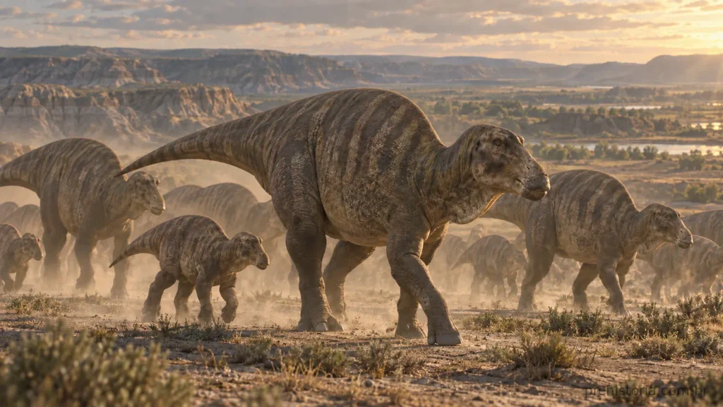 Reconstrução artística de um rebanho de Maiasaura peeblesorum atravessando uma planície da Formação Two Medicine, em Montana.