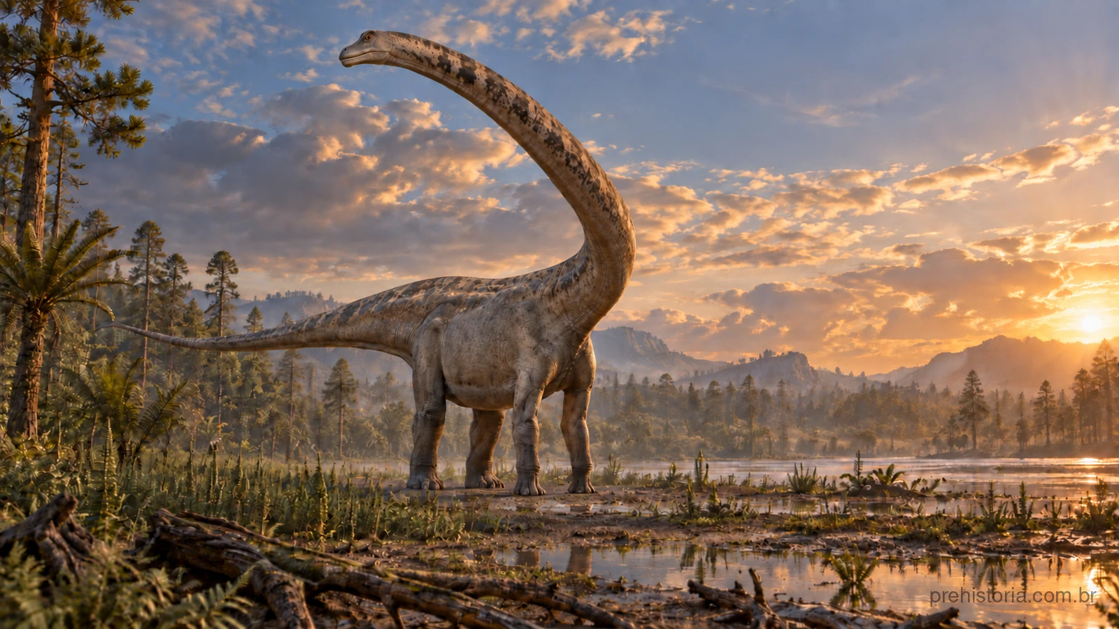 Reconstrução artística de um Mamenchisaurus hochuanensis solitário, pescoço longo erguido, caminhando à beira de um brejo ao entardecer, cercado por coníferas e samambaias.