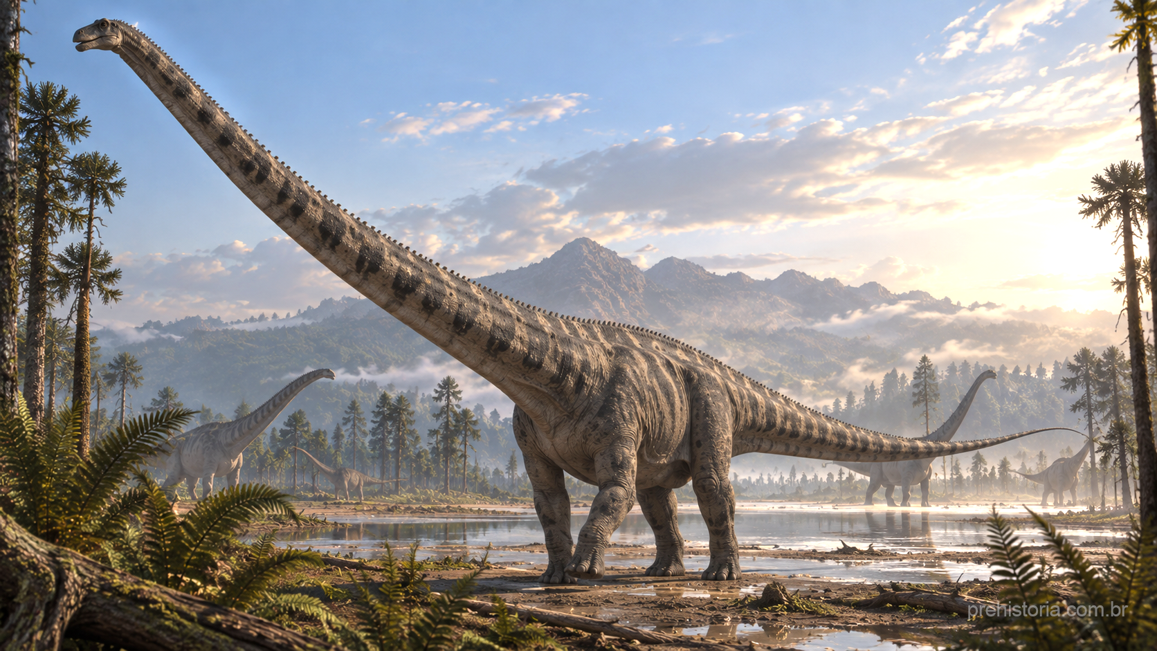 Reconstrução artística de uma manada de Mamenchisaurus hochuanensis atravessando um vale enevoado coberto por coníferas e samambaias, sob luz difusa da manhã.