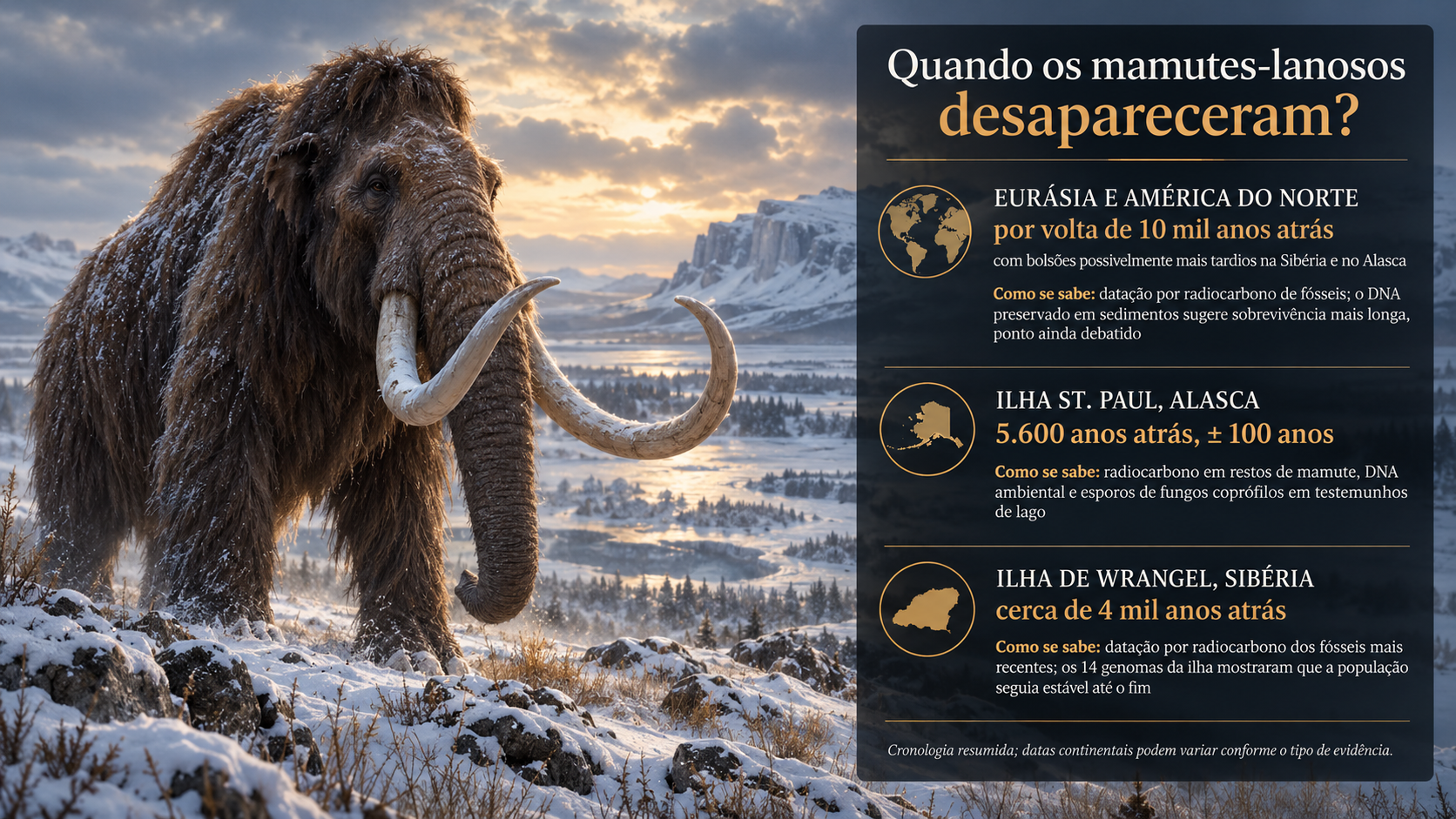 Infográfico sobre a extinção dos mamutes-lanosos, mostrando as últimas populações na Eurásia, América do Norte, ilha St. Paul e ilha de Wrangel.