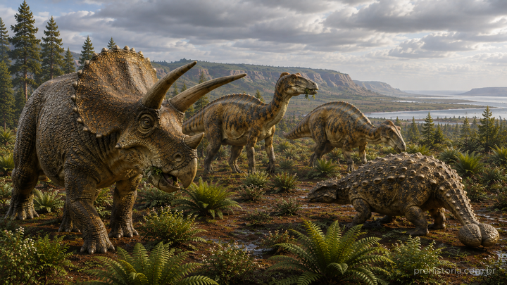 Reconstrução artística de um grupo de dinossauros ornitísquios do Cretáceo Superior, com um Triceratops de chifres e folho, dois hadrossauros de bico de pato e um anquilossauro encouraçado em uma planície aberta.