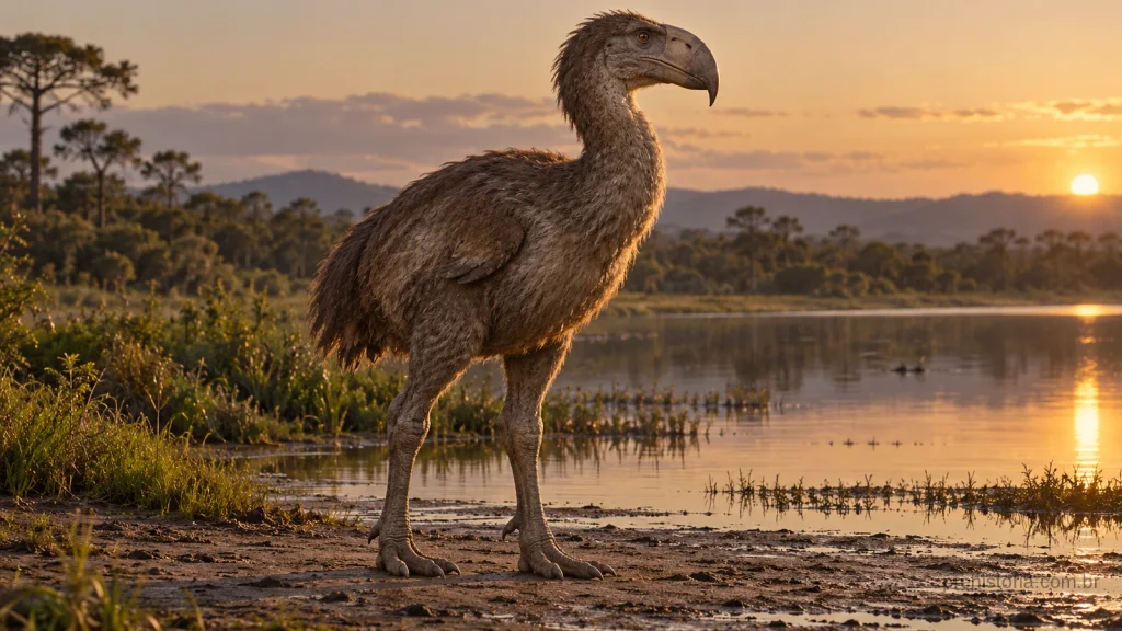 Reconstrução artística de um Paraphysornis brasiliensis, ave do terror de bico alto e curvo, parado na margem de um lago ao fim da tarde.
