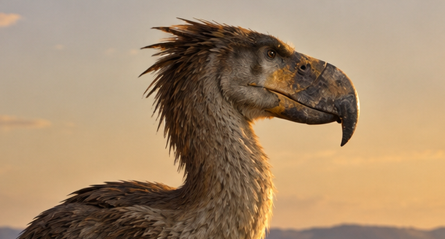 Reconstrução artística de um Paraphysornis brasiliensis, ave do terror de bico alto e curvo, parado na margem de um lago ao fim da tarde.