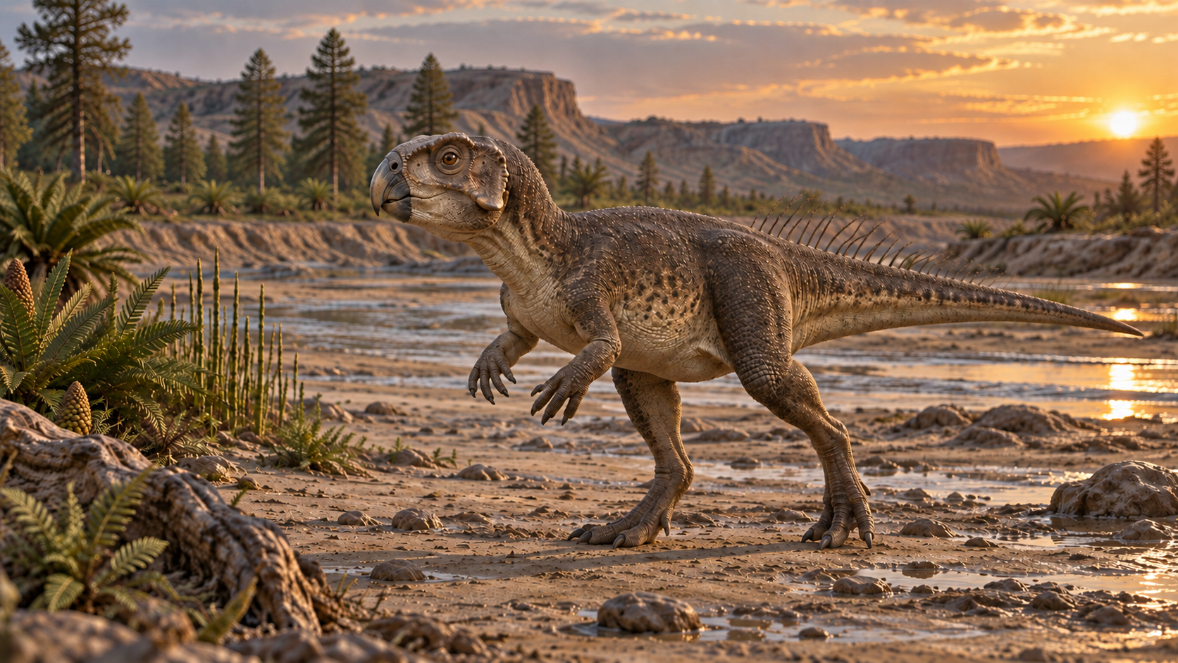 Reconstrução artística de um Psittacosaurus de bico córneo e cerdas na cauda, em planície semiárida do Cretáceo Inferior da atual Mongólia Interior, China.