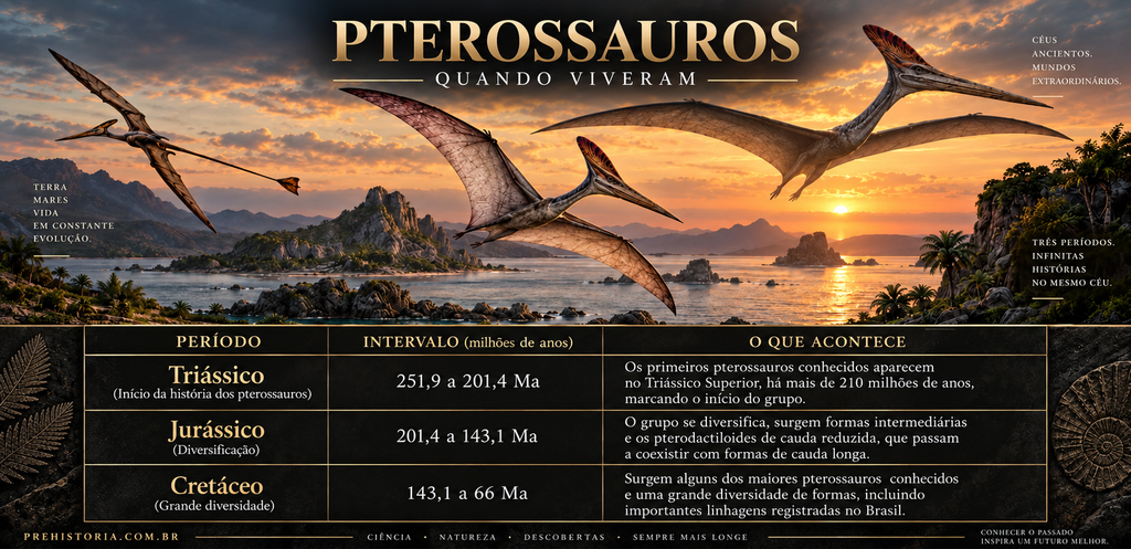 Infográfico mostrando quando viveram os pterossauros durante o Triássico, Jurássico e Cretáceo, com os principais eventos evolutivos do grupo.