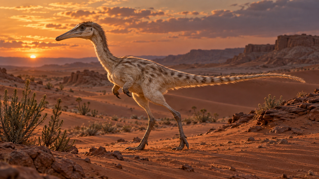 Reconstrução artística de Shuvuuia deserti, pequeno terópode alvarezsaurídeo, caminhando em dunas do deserto no fim de tarde.