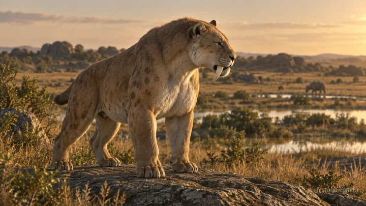 Reconstrução artística de um Smilodon populator adulto sobre rocha em campo aberto da Pampa, com caninos longos visíveis e luz de fim de tarde.