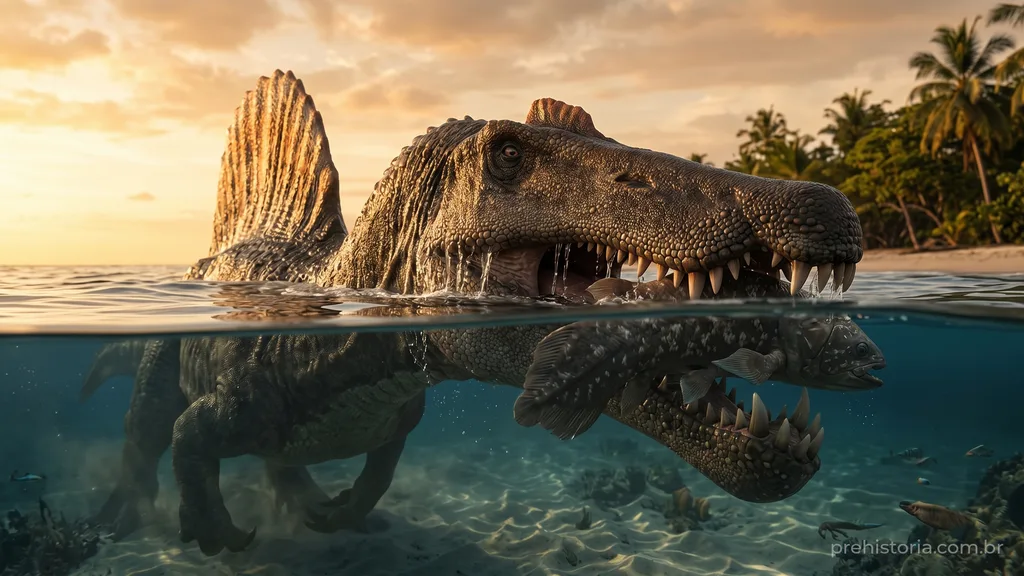 Reconstrução artística de um Spinosaurus aegyptiacus capturando um grande peixe em um rio raso, com visão dividida acima e abaixo da água, mostrando sua vela dorsal e focinho crocodiliano.