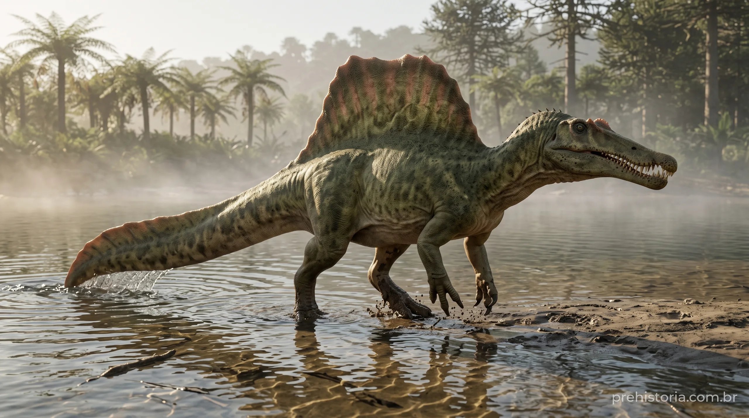 Reconstrução artística de um Spinosaurus aegyptiacus caminhando pelas águas rasas de um rio lamacento, exibindo sua grande vela dorsal e cauda adaptada para a natação em um ambiente de névoa.