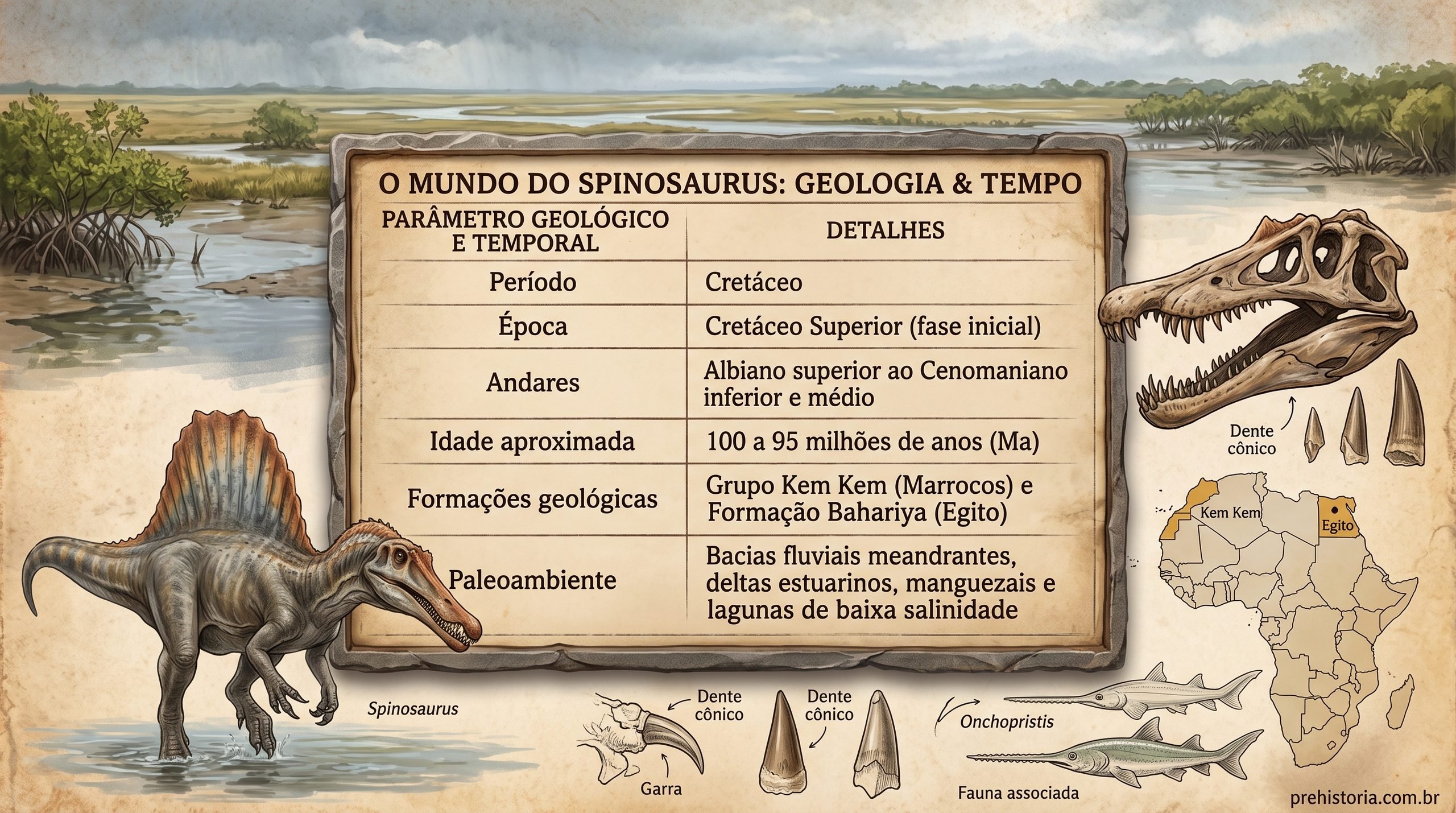 Reconstrução artística de infográfico detalhando o período, idade geológica e formações do Spinosaurus aegyptiacus no norte da África, com mapa fóssil e fauna associada.