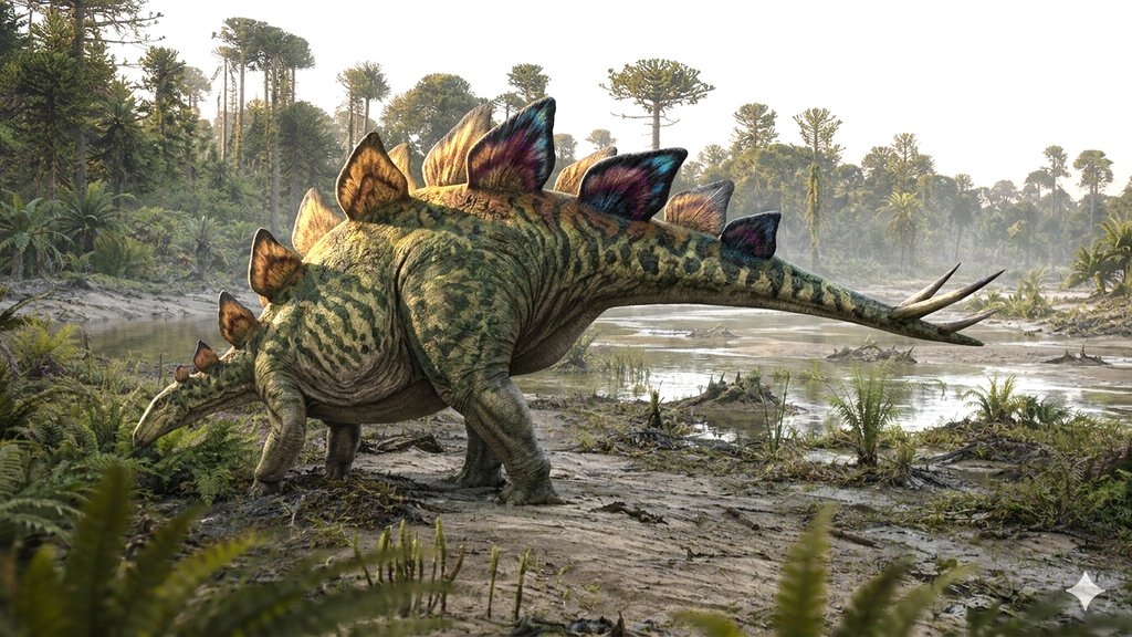 Reconstrução artística de um Stegosaurus stenops adulto com placas coloridas, caminhando por uma planície fluvial da Formação Morrison no Jurássico Superior.